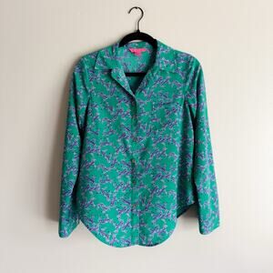 Lilly Pulitzer Green + Blue Zebra Long Sleeve Collared Blouse XS Heebie Zeebies
